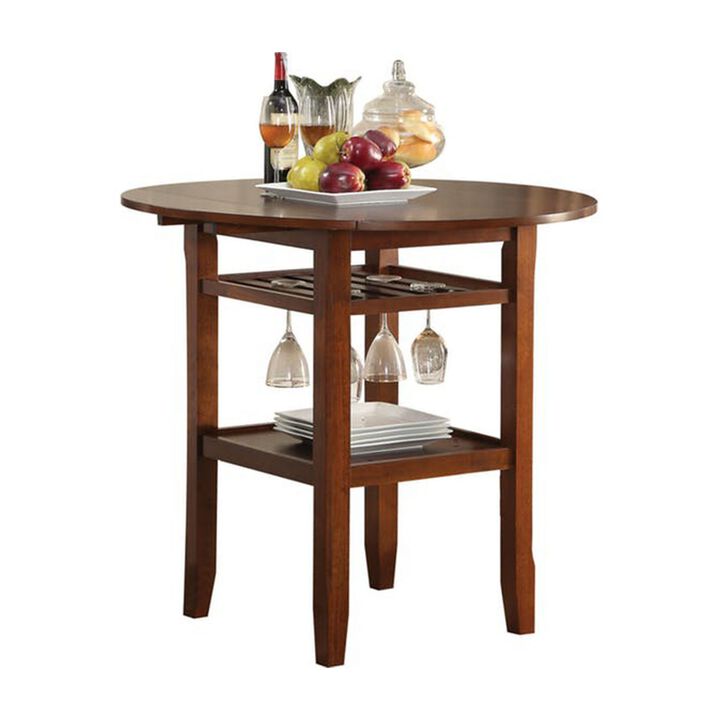 Round Top Wooden Counter Table with Stemware Rack and 2 Drop Leaves, Brown-Benzara