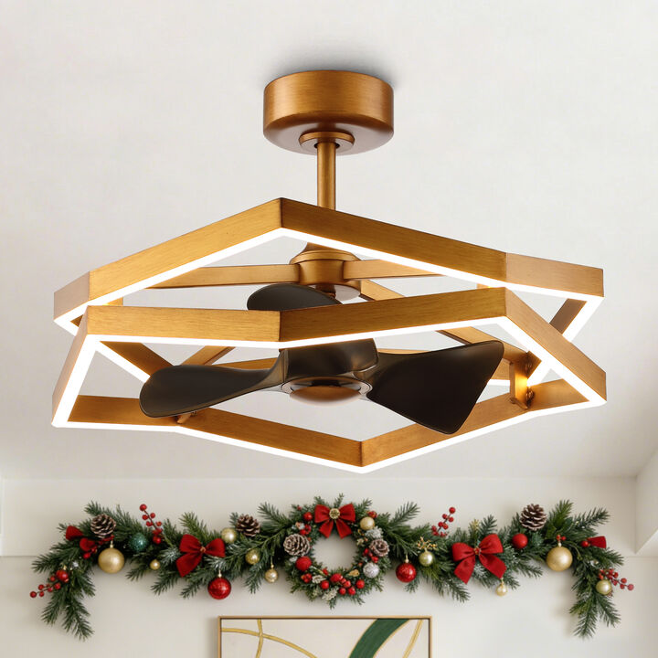 30.7" Modern Industrial Antique Gold Geometric Polygon Caged Dimmable Ceiling Fan with Light and Remote