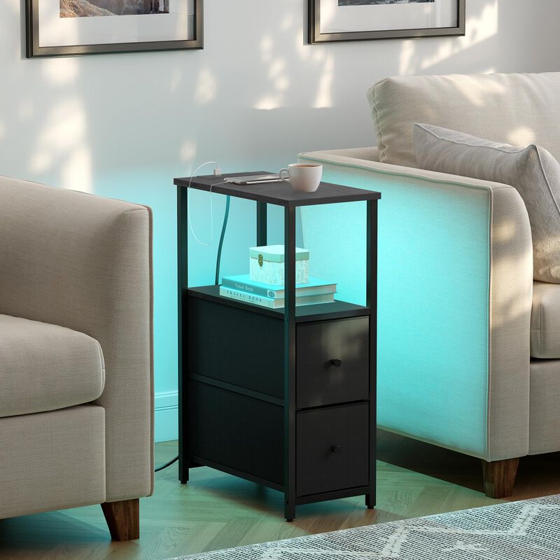 TUTOTAK Small Narrow LED End Table with Charging Station, Side Table Outlets, Nightstand with 2 Cloth Drawers, Set of 2, Couch T