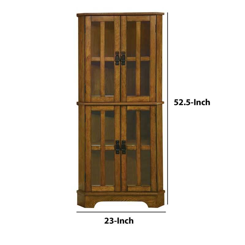 Corner Curio Cabinet With Windowpane Style Door Fronts, Brown-Benzara