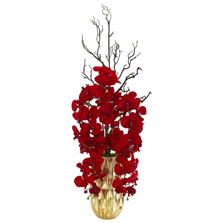Nearly Natural 36-in Red Phalaenopsis Orchid Arrangement in Gold Vase