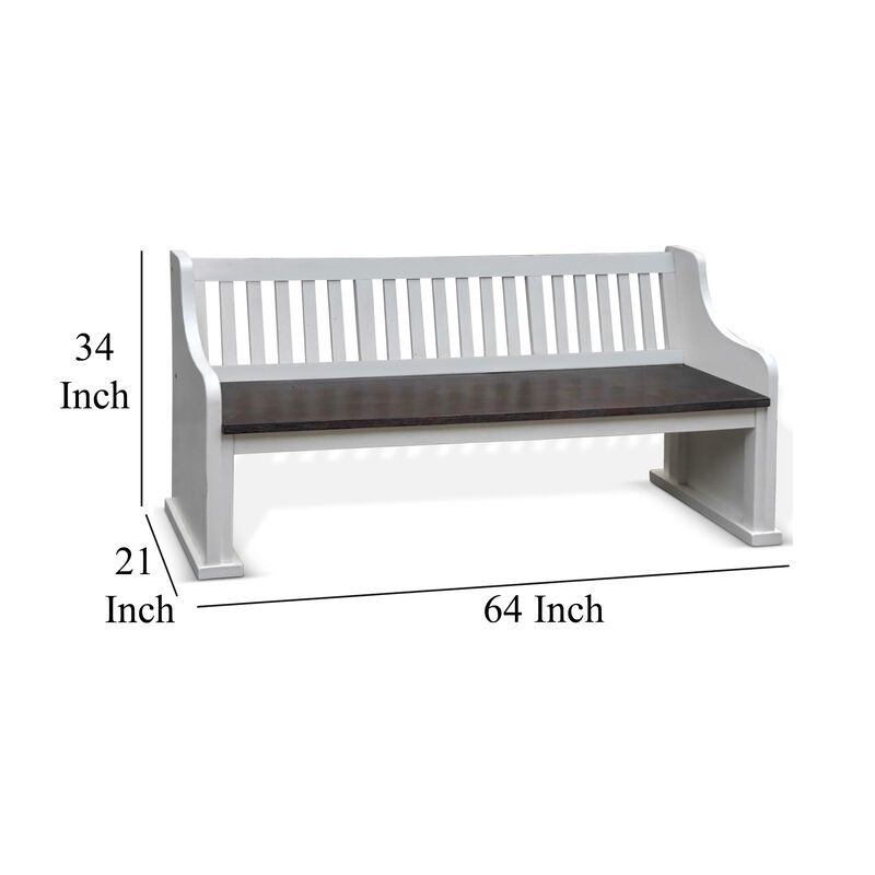 Orso Bench, Slat Back Design, White, Brown Mahogany and Mindi, 64 Inch - Benzara