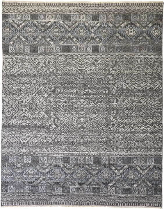 4 X 6 gray Ivory And Blue geometric Hand Knotted Area Rug