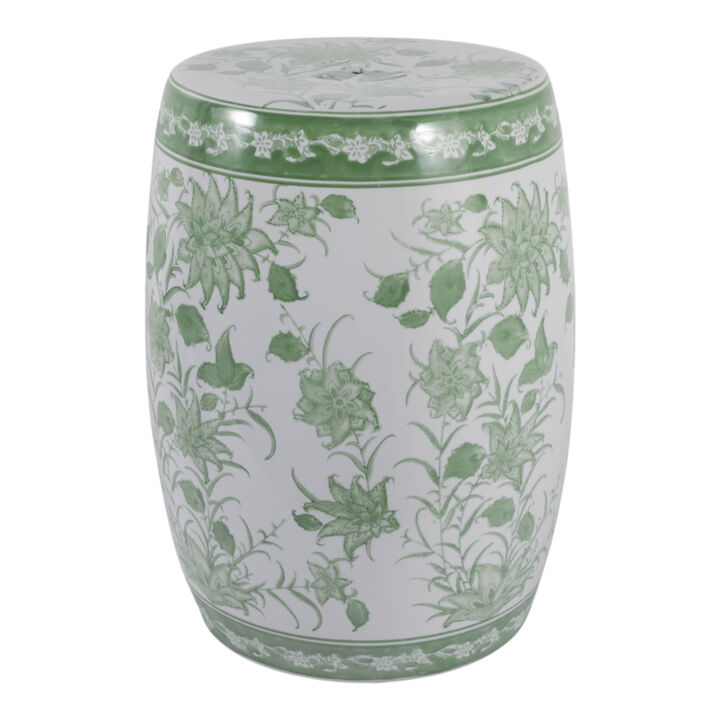 Cer,18" Pinwheel Flower Chinoiserie Stool, Grn/wh