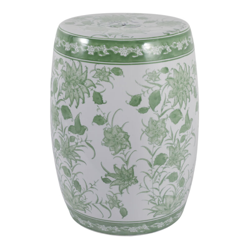 Cer,18" Pinwheel Flower Chinoiserie Stool, Grn/wh image number 1