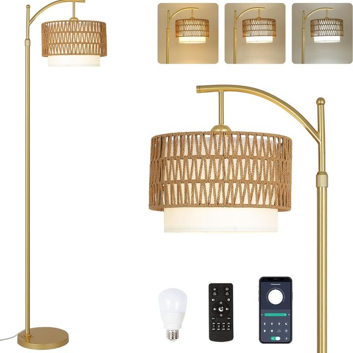 ELEMENT ACE Adjustable Dimmable Arc Standing Floor Lamp with Remote Control, Interchangeable Rattan & Fabric Shades, Multiple Color Temperatures for Living Room Bedroom Home Decor