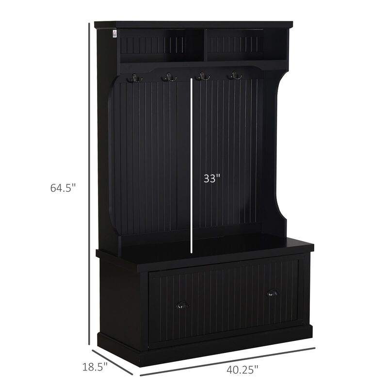 Hall Coat and Shoe Storage Hall Cabinet with Top and Bottom Storage  Metal Double Hooks and Bench  Black image number 3
