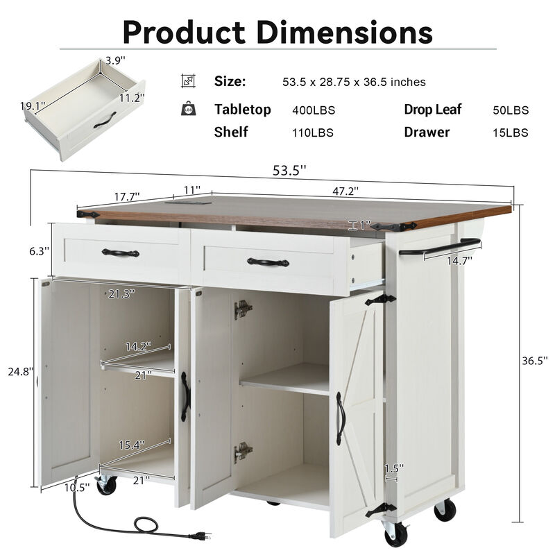 Whisen Farmhouse Style Kitchen Cart Island with Drop-Leaf, Power Outlet, Spice Rack and Drawer - White