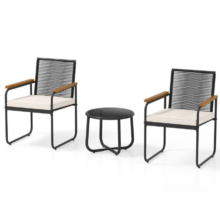 PE Rattan Patio Set, 3 Pieces with Chairs and Round Glass Table-White
