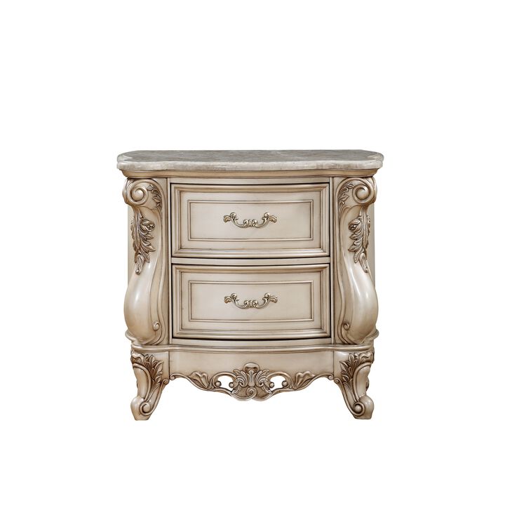 2 Drawer Nightstand With Raised Scrolled Floral Moulding, White - Benzara