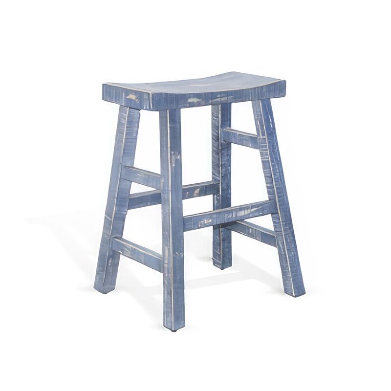 Rena Counter Stool Set of 2, Saddle Seat, Ocean Blue Mahogany Wood - Benzara