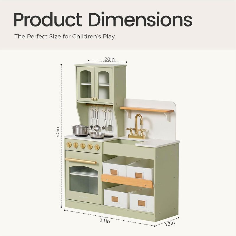 Wooden Play Kitchen with Toy Storage, Built-In Cabinets, Felt Bins & Cookware Accessories Make Cleanup Easy While Encouraging Organizational Skills image number 2