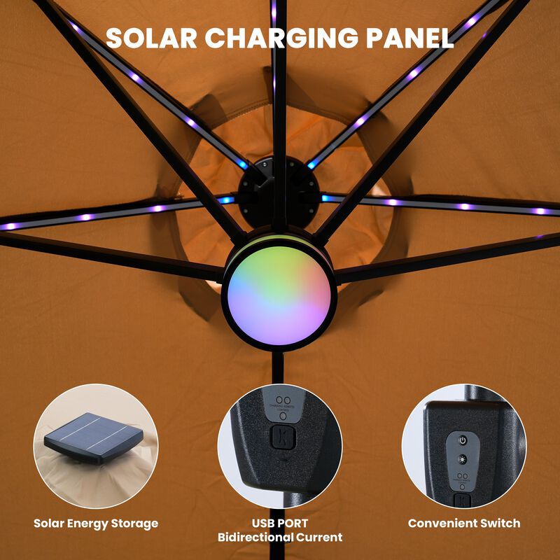 15FT Double-Sided Heavy Duty Solar RGB LED Patio Umbrella with Base, Dual Charging, Crank Handle image number 5