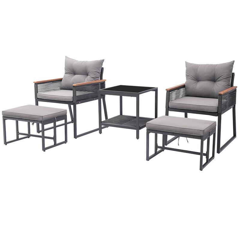 5 Piece Outdoor Rattan Conversation Set with 2-Layer Side Table and 2 Ottomans-Grey