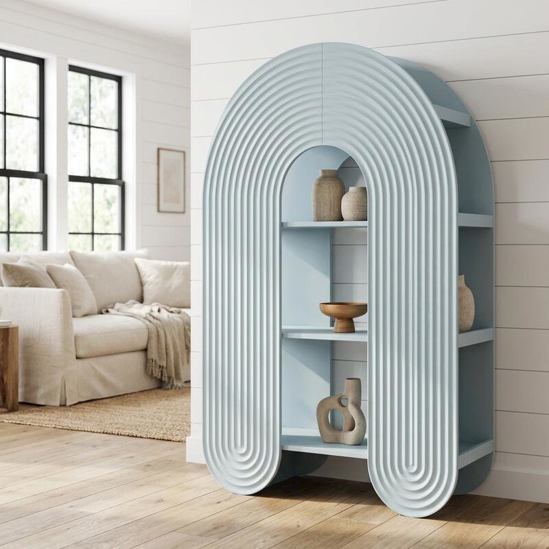 Red arched bookshelf with spacious shelves and nylon accents image number 4