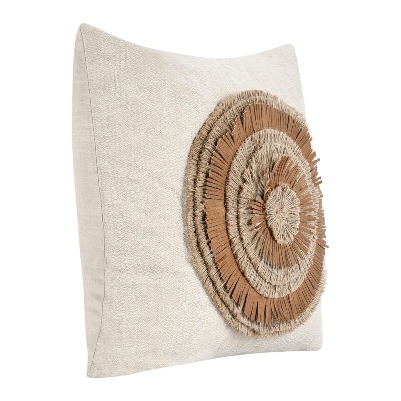 Square Accent Throw Pillow, 22 Inch Ivory Cotton, Brown Leather, Jute - Benzara