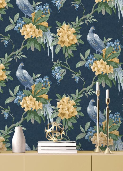 Golden Pheasant Dark Blue Floral Wallpaper (Set of 2)