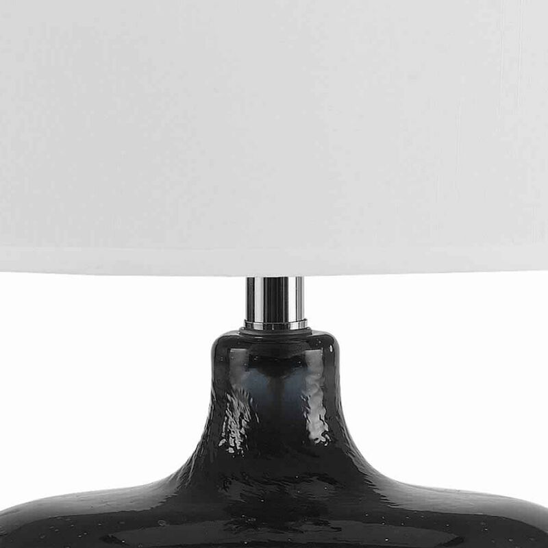 Glass Body Table Lamp with Drum Shade and Bubble Design, Blue and White - Benzara