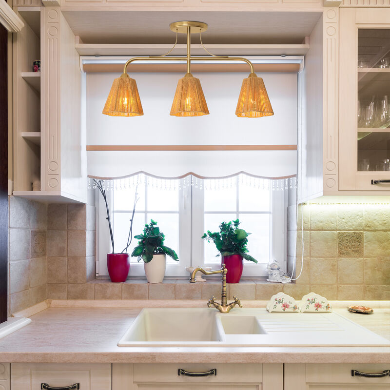 29.9" 3-Light Vintage Plated Brass LED Flush Mount Ceiling Light with Hemp Paper Rope Shade