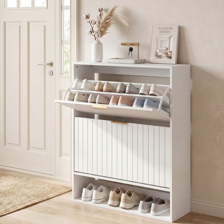 Modern Fluted Shoe Cabinet with Flip Drawers and Open Storage