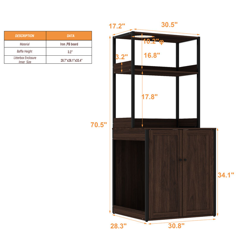Large Cat Litter Box Enclosure Furniture with Shelves, Cat Washroom Furniture Cat House for Smart Litter Box, in walnut image number 9