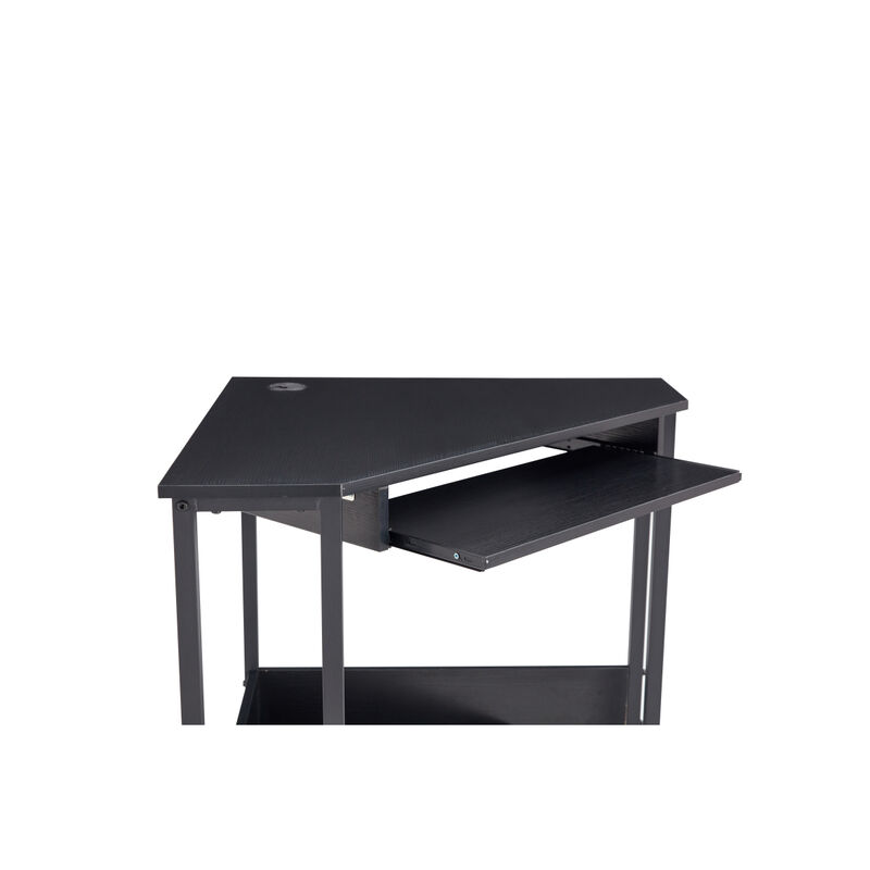 Triangle Computer Desk, Corner Desk With Smooth Keyboard Tray& Storage Shelves, Compact Home Office, Small Desk With Sturdy Steel Frame As Workstation For Small Space, BLACK, 28.34"L 24"W 30.11"H