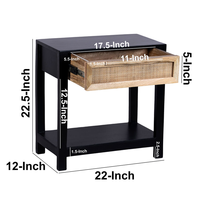 Rosette 22 Inch Side End Table, Natural Brown Rattan Front Drawer, Open Shelf, Black Mango Wood Frame