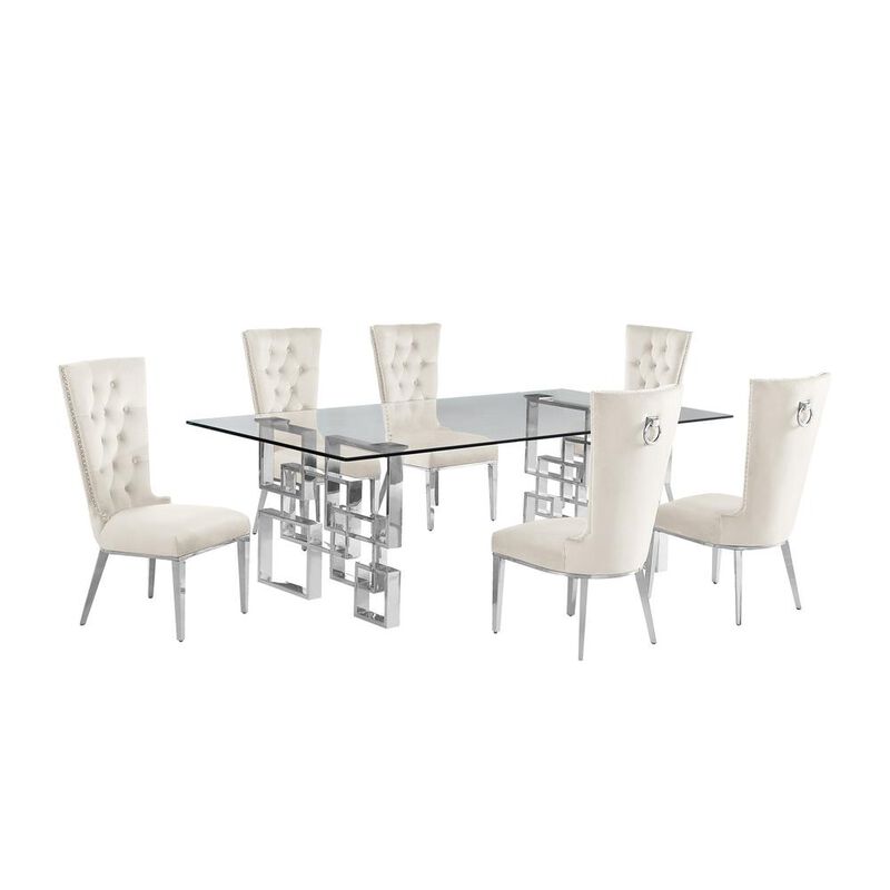 7-piece glam dining set with 6 cream chairs and a 95" long glass  table