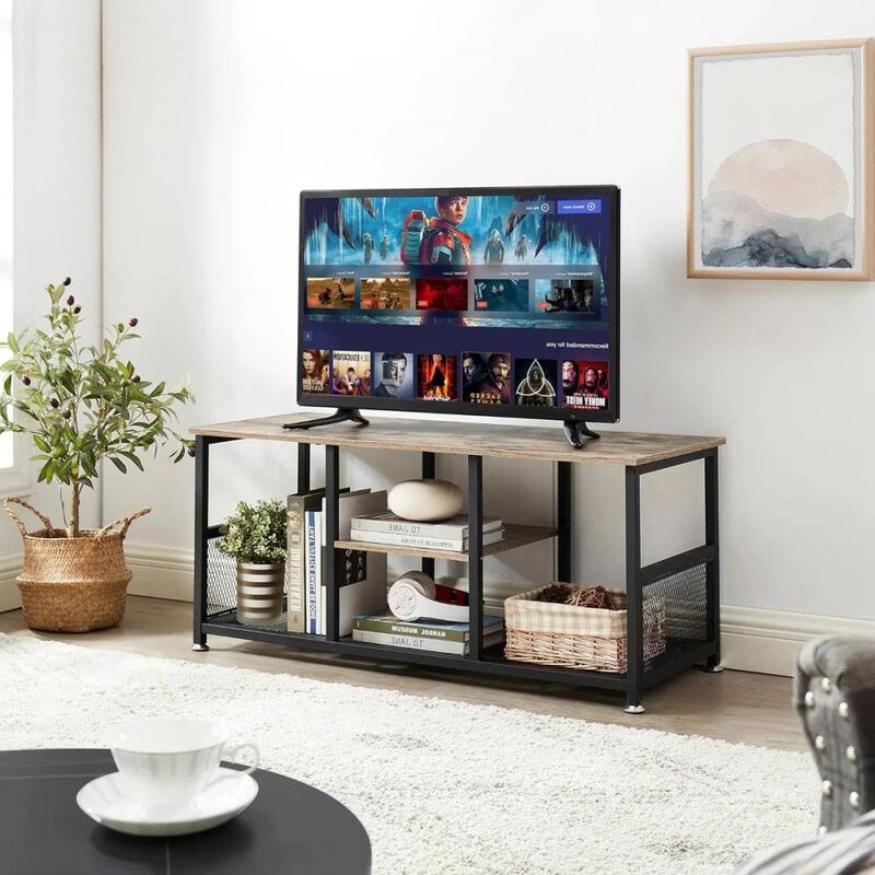 Hivvago Industrial Modern Metal Wood TV Stand with Media Storage Shelf