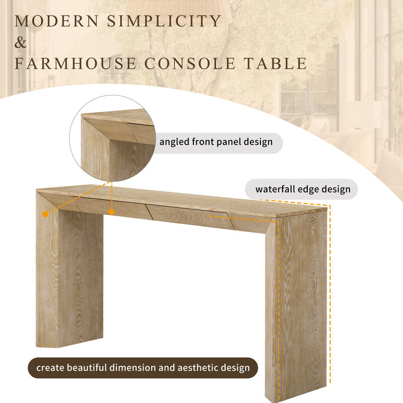 Whisen 60" Modern Farmhouse Console Table with 2 Concealed Drawers, MDF Solid Wood Veneer, Waterfall Edge for Living Room Entryway Hallway image number 8