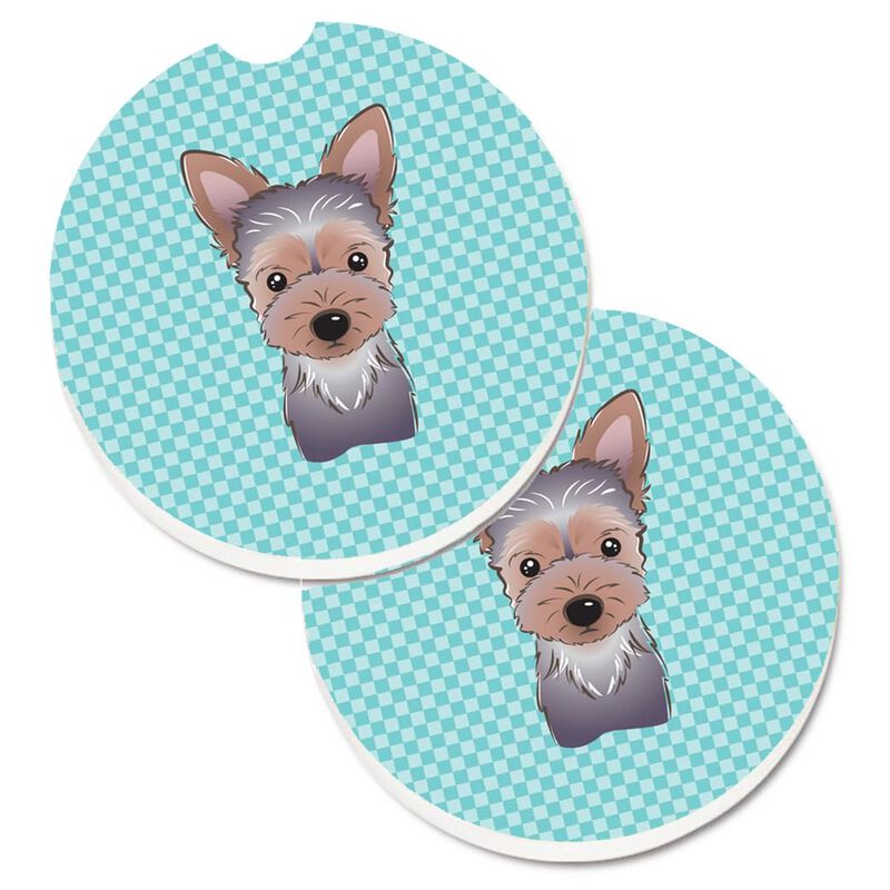 Caroline's Treasures Checkerboard Blue Yorkie Puppy Set of 2 Cup Holder Car Coasters BB1170CARC, 2.56, Multicolor