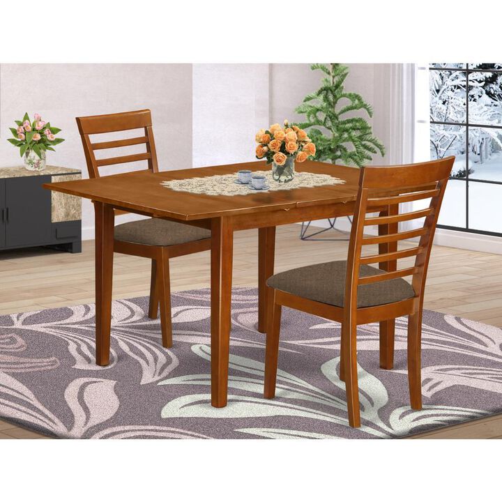 3 Pc set Milan Dinette Table with Leaf and 2 Cushiad Dinette Chairs in Saddle Brown .