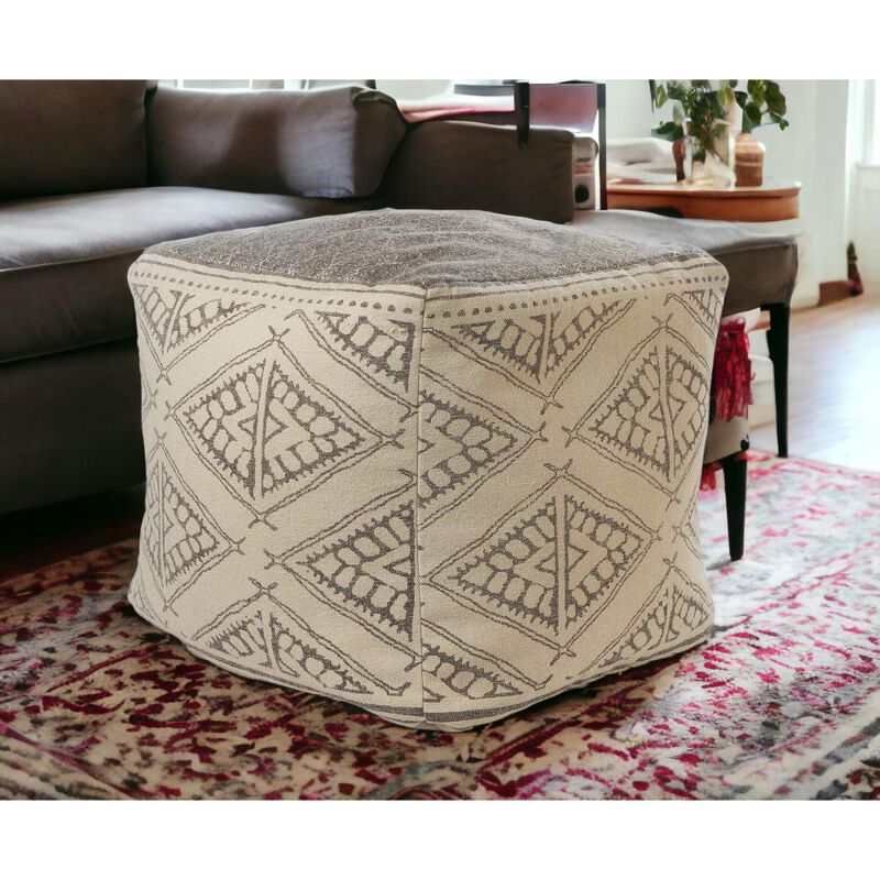Hivvago 20 Inch Beige Cotton Tribal Pouf Ottoman