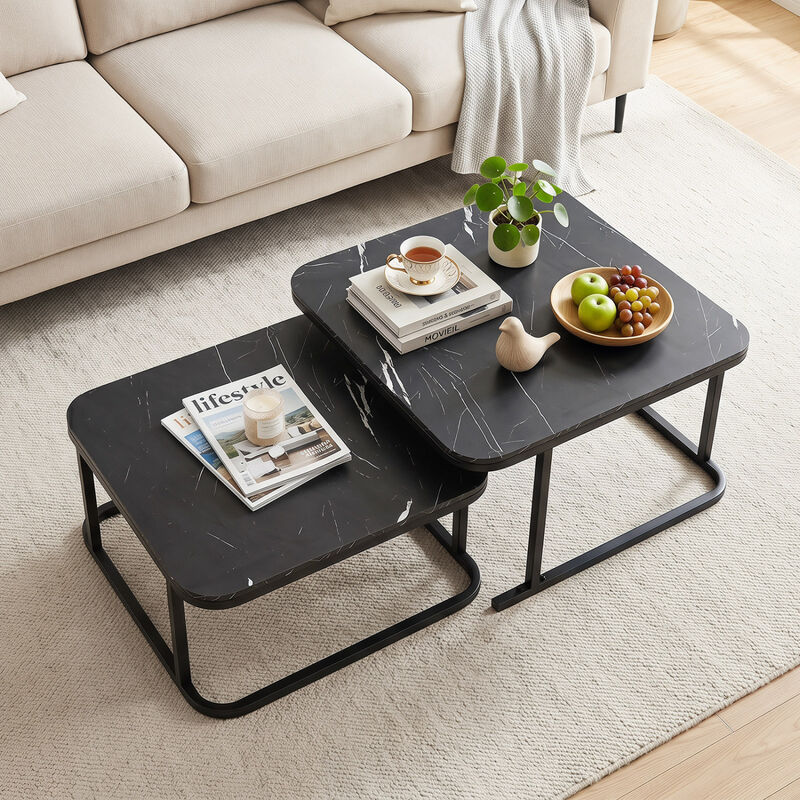 Modern Nesting Coffee Table Set with Faux Marble Surface and Metal Frame image number 3
