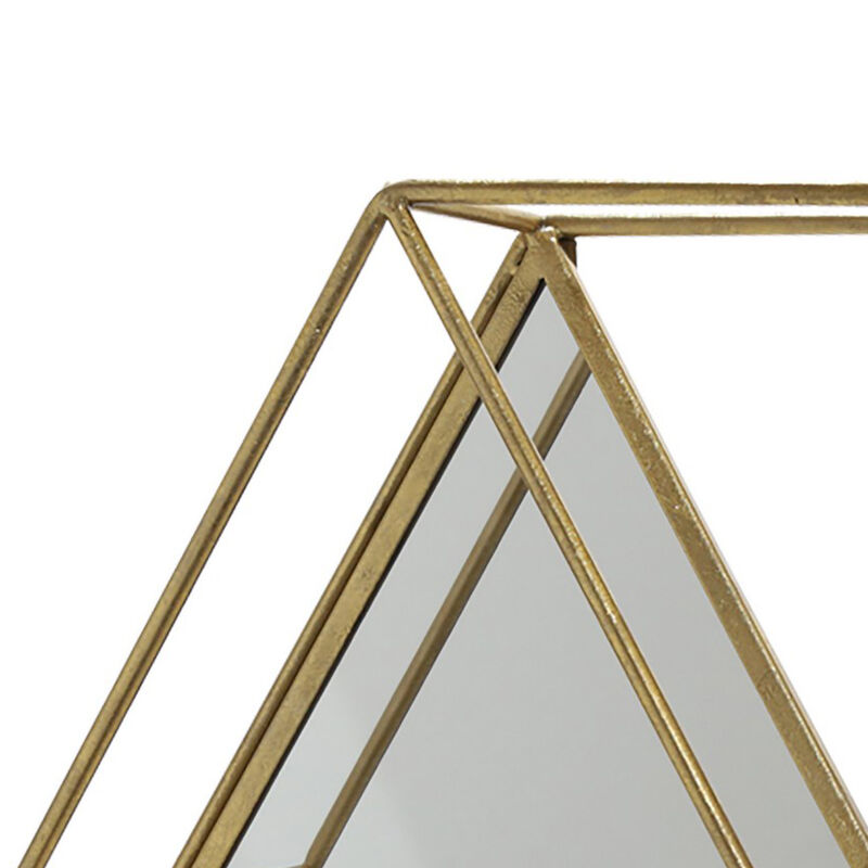 Hexagonal Shaped Metal Wall Shelf with 2 Display Cases, Gold and White - Benzara