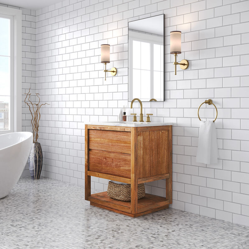 Oakman 30 In. Single Sink Carrara White Marble Countertop Bath Vanity in Mango Wood