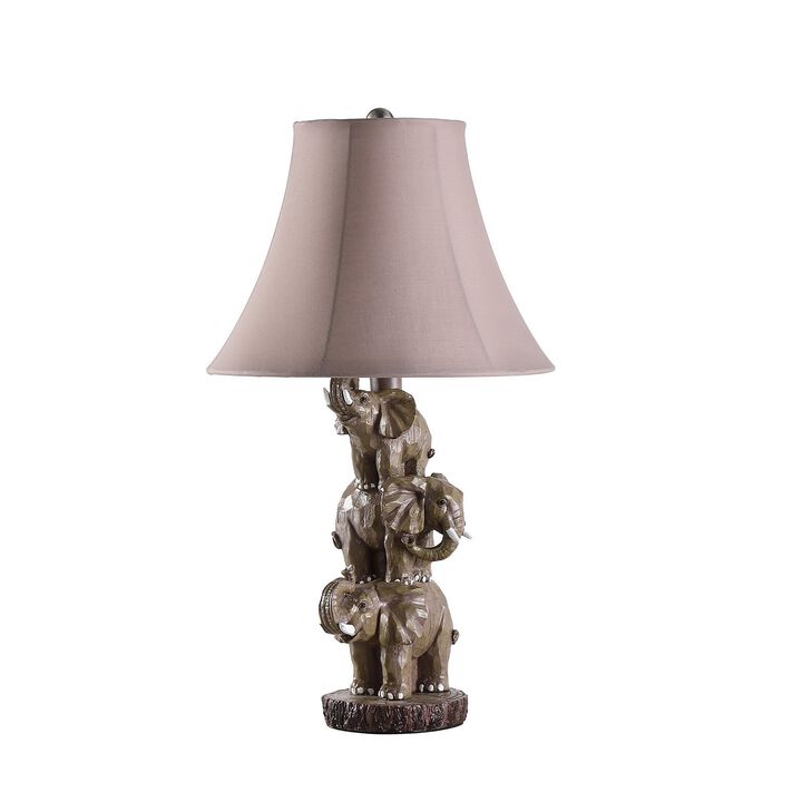 21 Inch Accent Table Lamp, 3 Stacked Elephants, Linen Bell Shade Brown Gray - Benzara