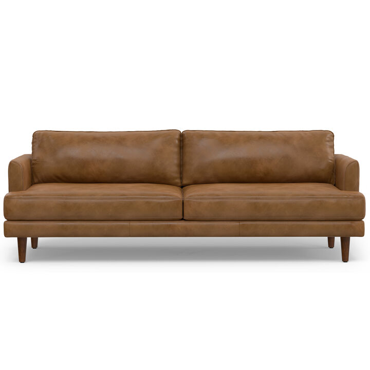 Livingston 90 inch Wide Mid-Century Modern Sofa in Caramel Brown Top Grain Genuine Leather
