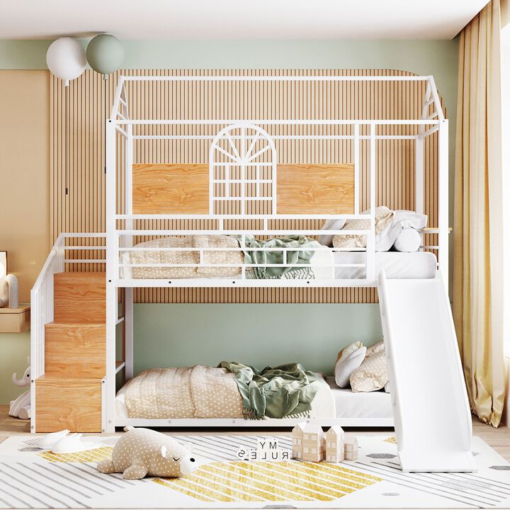 Merax Metal House Bunk Bed with Slide and Storage Stair