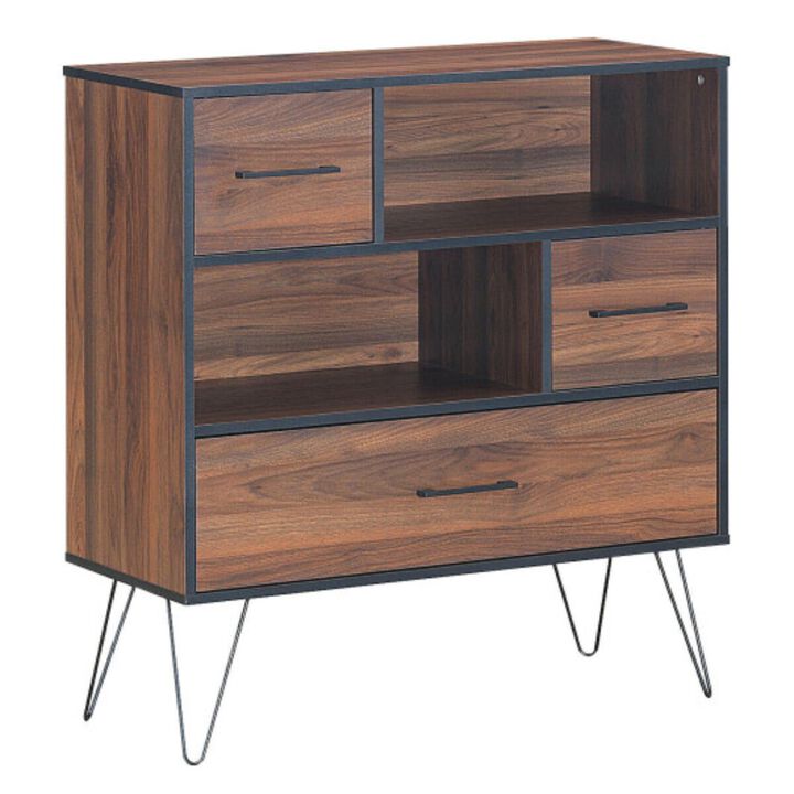 3-Tier Wood Storage Cabinet with Drawers and 4 Metal Legs - Walnut