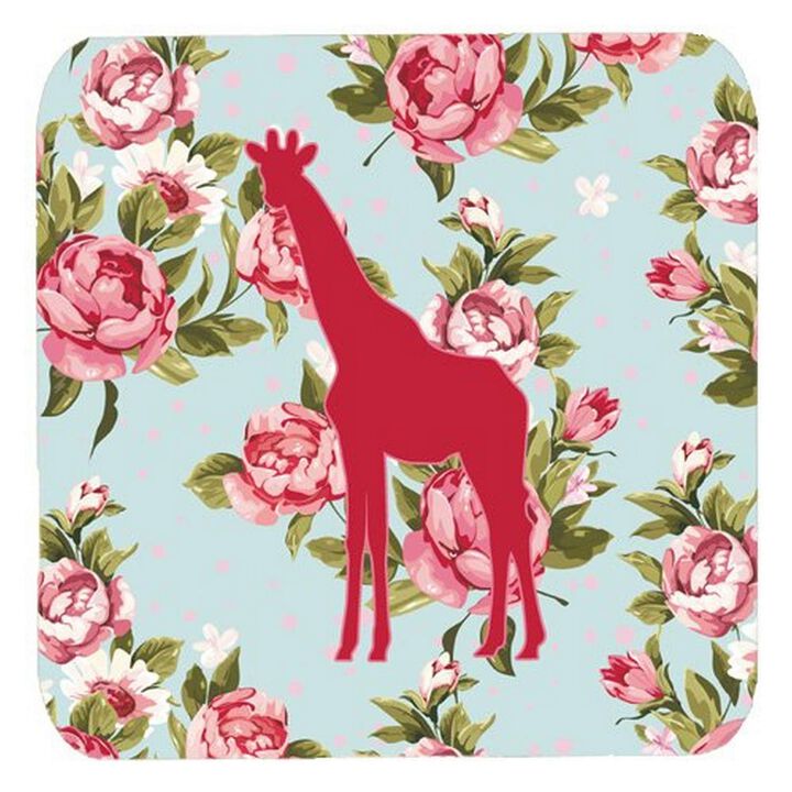 Caroline's Treasures BB1001-RS-BU-FC Giraffe Shabby Chic Blue Roses Foam Coasters (Set of 4), 3.5 H x 3.5 W, Multicolor