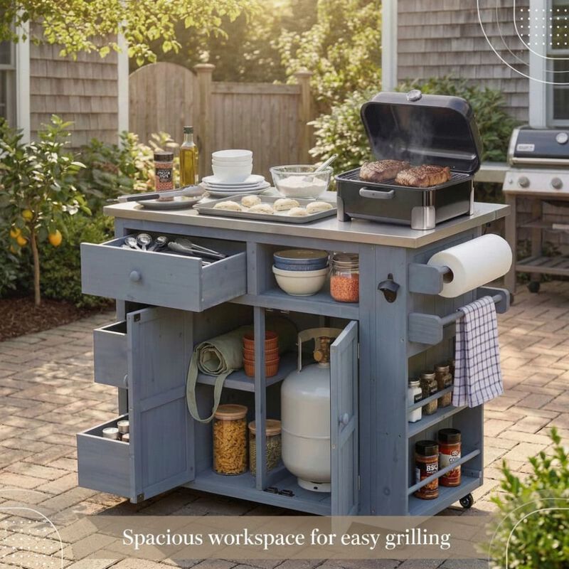 ELEMENT ACE Extendable Solid Wood Outdoor Kitchen Island Grill Table With Storage Drawers Spice Rack For Backyard BBQ And Meal Prep image number 4