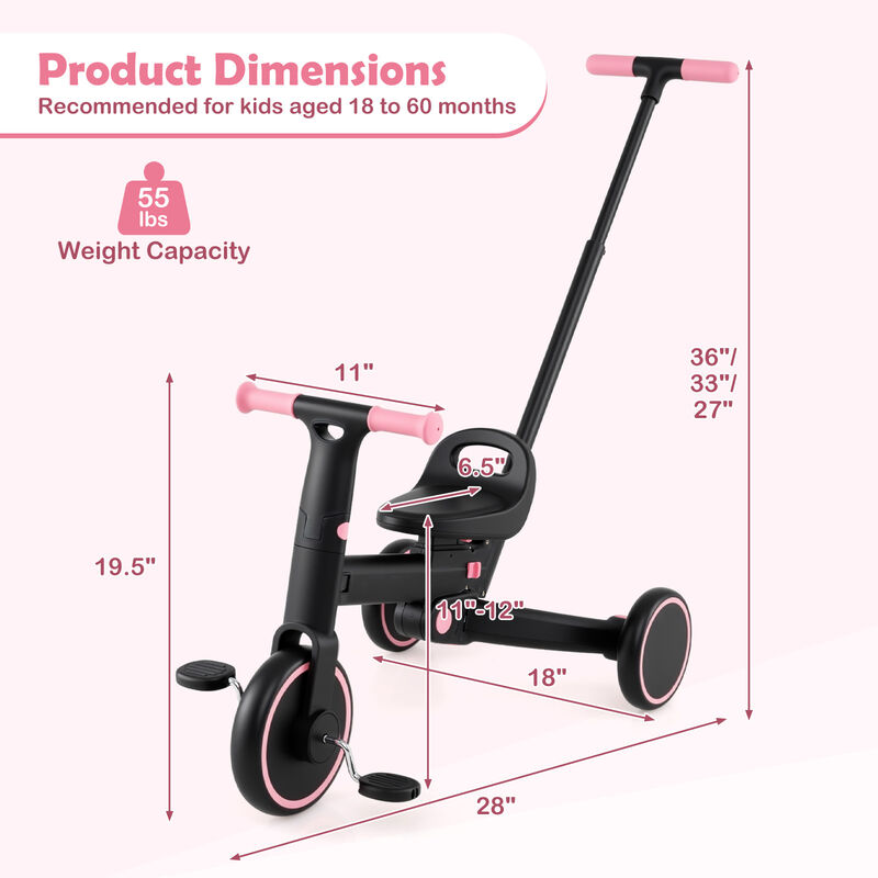 4 in 1 Kids Tricycle with Push Handle Foldable Design and Adjustable Seat image number 2