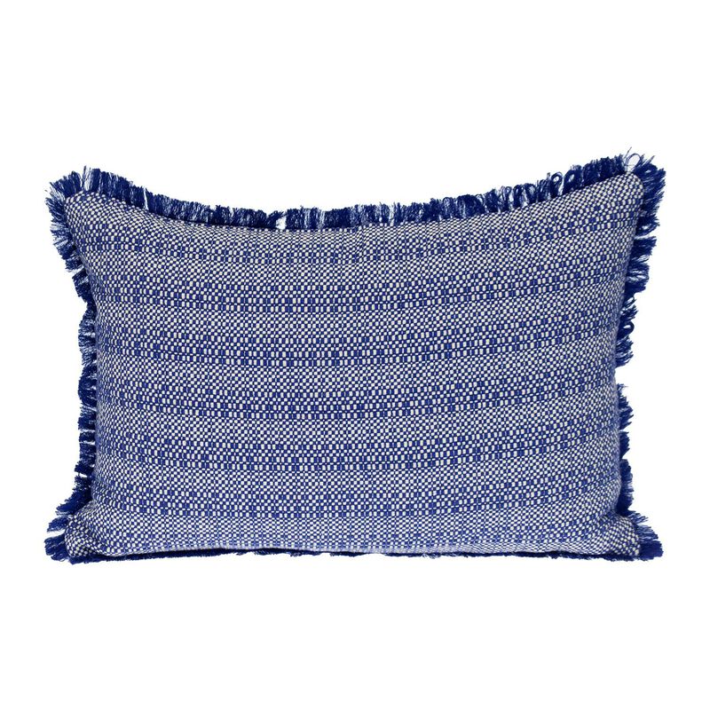 HomeRoots 14" X 20" Blue and White Striped Cotton Throw Pillow With Fringe image number 0
