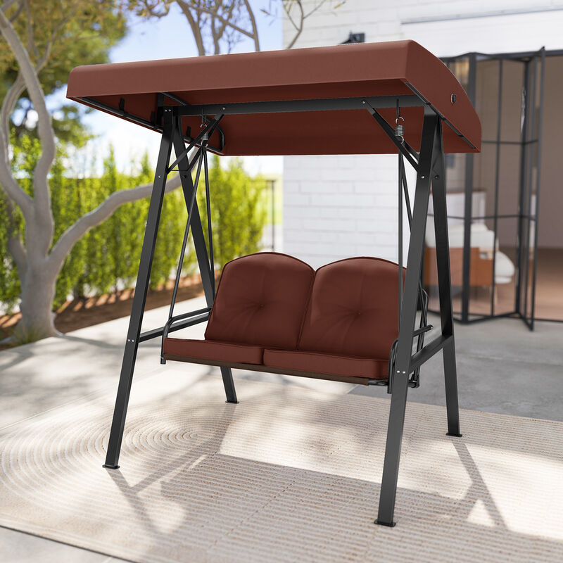 2-Person Outdoor Porch Swing with A-Frame Stand and Adjustable Canopy