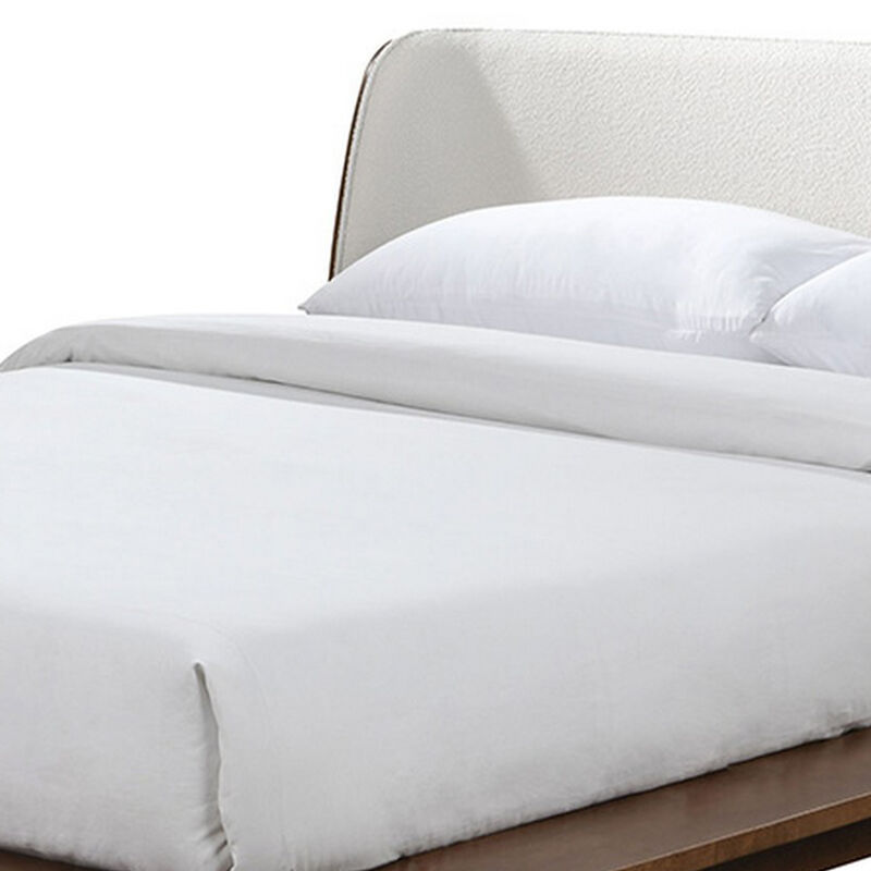 Linzy Queen Bed, Beige Boucle Upholstered Winged Edge, Brown Solid Wood - Benzara