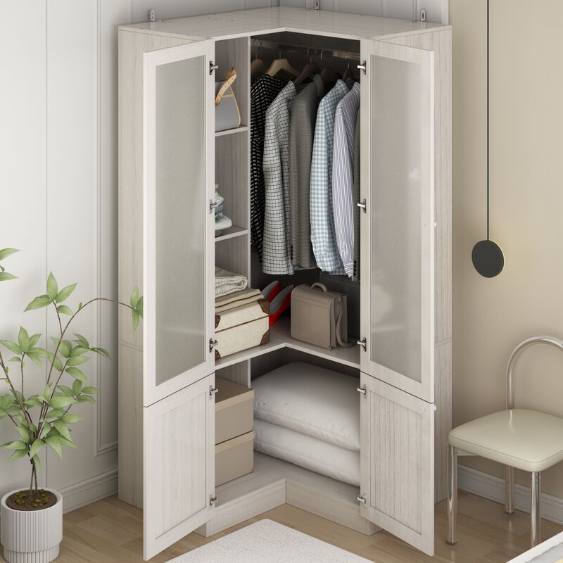 FUFU&GAGA Corner Wardrobe Closet with Hanging Rod and Shelves for Bedroom (35.4" D x 35.4" W x 70.9" H) Brown