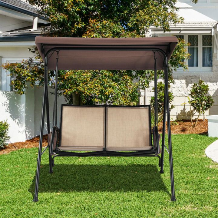 Hivvago 2-Person Patio Swing with Adjustable Canopy and 2 Storage Pocket-Brown