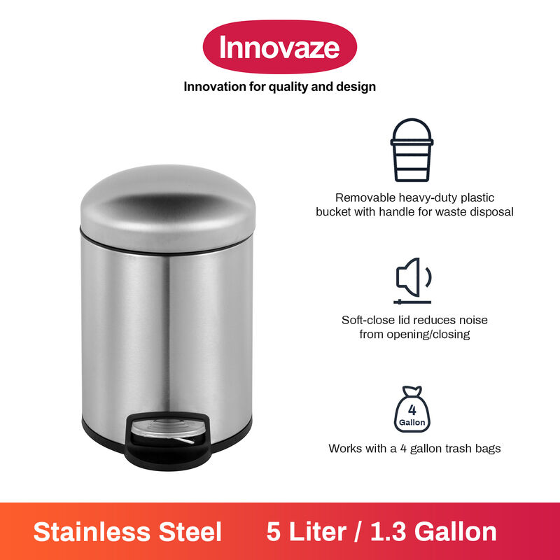 1.32 Gal./5 Liter Stainless Steel Round Step-on Trash Can for Bathroom and Office image number 4