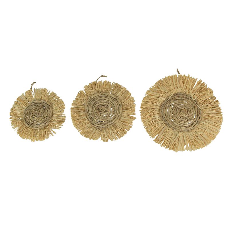 Set of 3 Round Natural Woven Dried Grass Wall Hanging Sculptures Home Decor Art image number 0